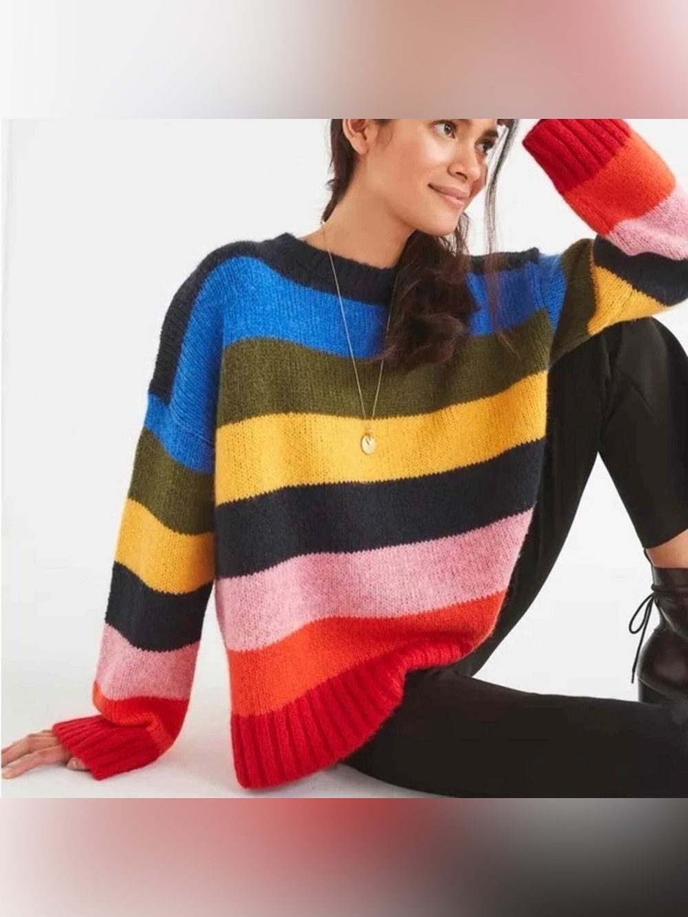 Moon & Madison Rainbow Striped Cozy Multicolor Crewneck Knit Sweater Size Large